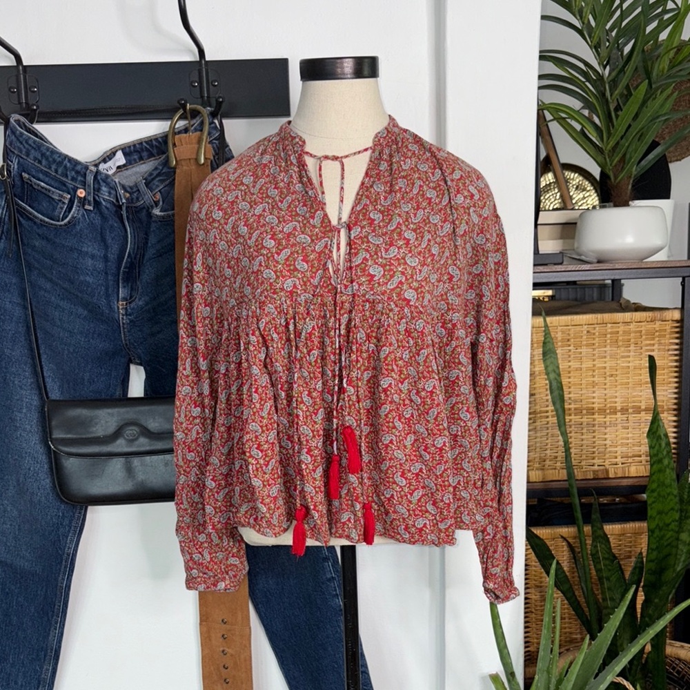 Zara red and Orange Long Sleeve Tie Front Blouse size S